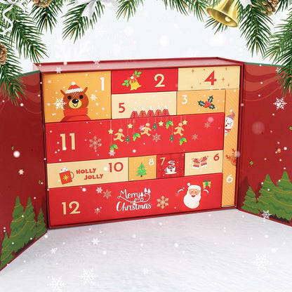 Red advent calendar with Christmas-themed designs on a snowy background