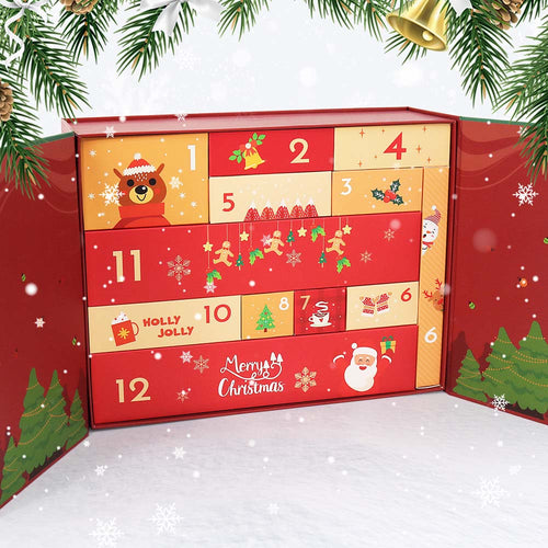 Red advent calendar with Christmas-themed designs on a snowy background