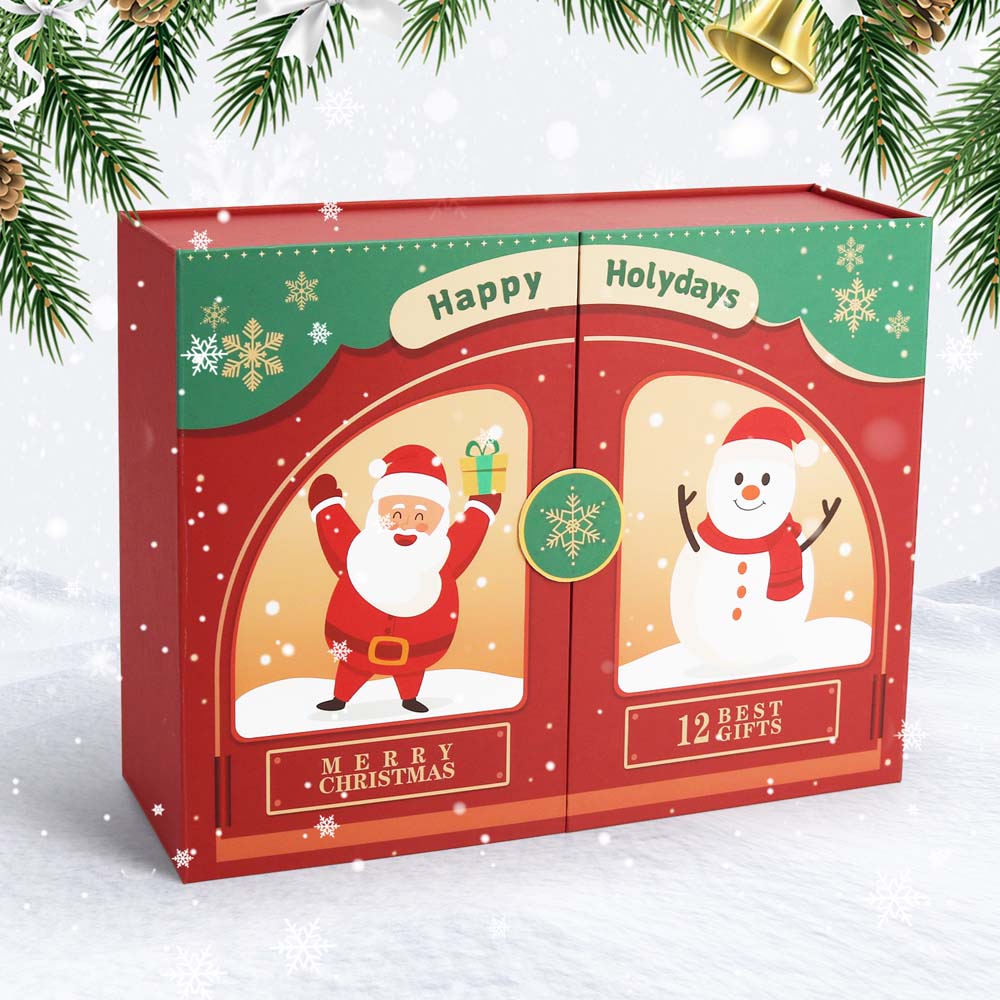 Christmas-themed gift box with Santa Claus and snowman design on a snowy background