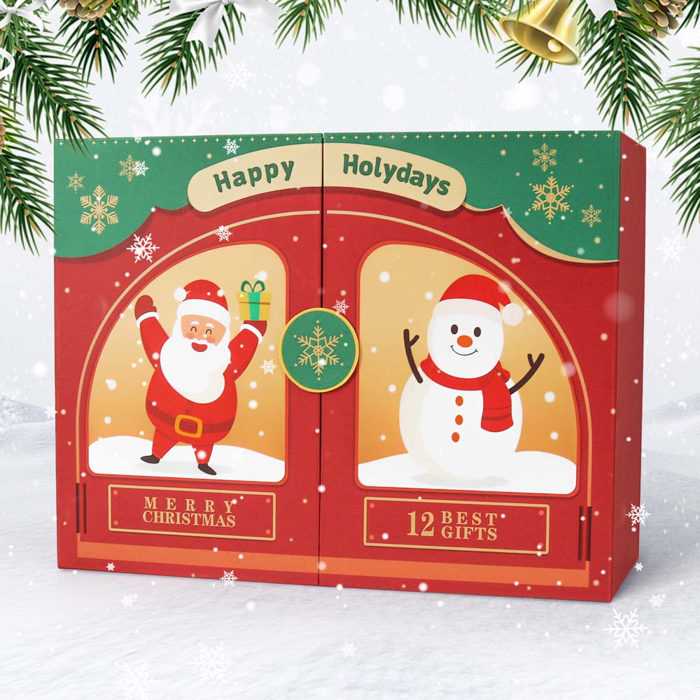 Advent calendar with Santa and snowman design on a snowy background
