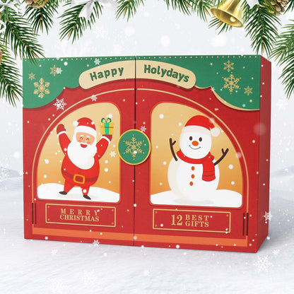 Advent calendar with Santa and snowman design on a snowy background