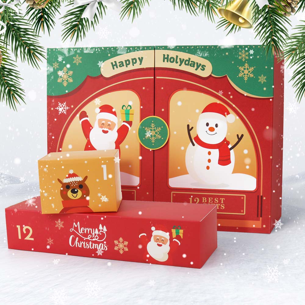 Advent calendar with Santa Claus, snowman, and reindeer design on a snowy background