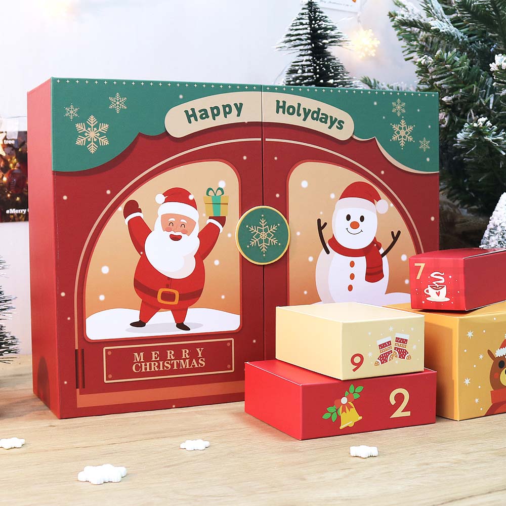 
Advent calendar with Santa Claus and snowman design, surrounded by Christmas trees and presents.