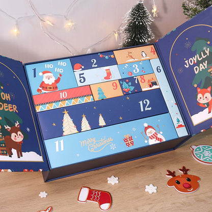 Advent calendar with Christmas-themed design on a wooden surface.