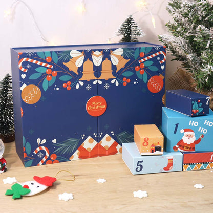 Decorative advent calendar with festive design on a wooden surface.