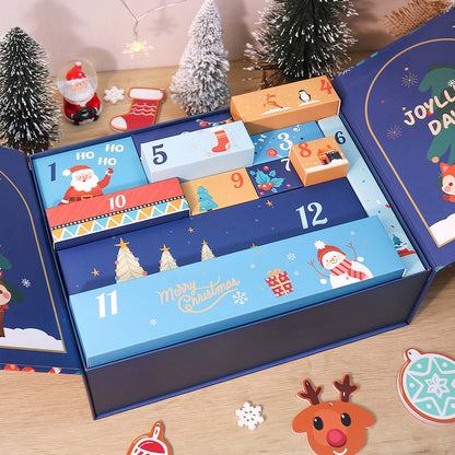 Open Christmas advent calendar with festive designs on a wooden surface.