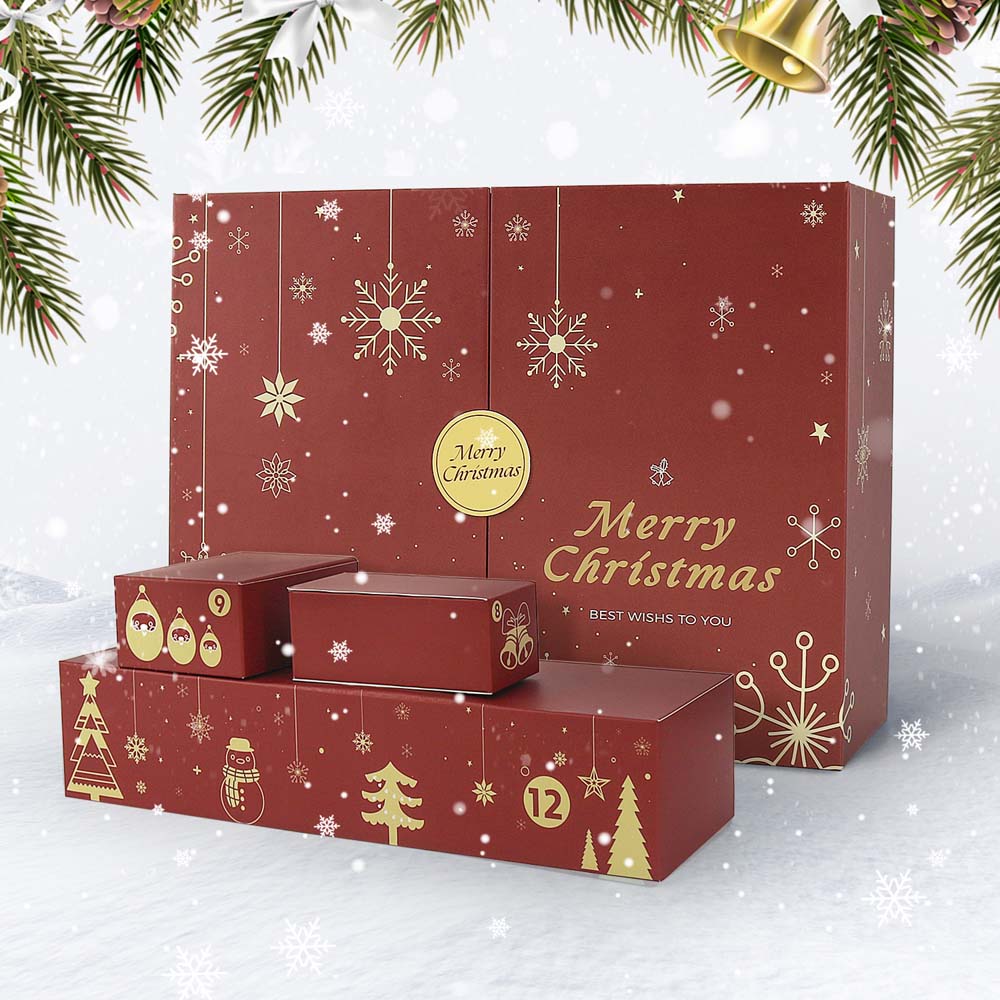 Red Christmas-themed gift box set with gold decorations on a snowy background