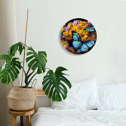 Decorative wall clock with butterfly and floral design in a bedroom setting.