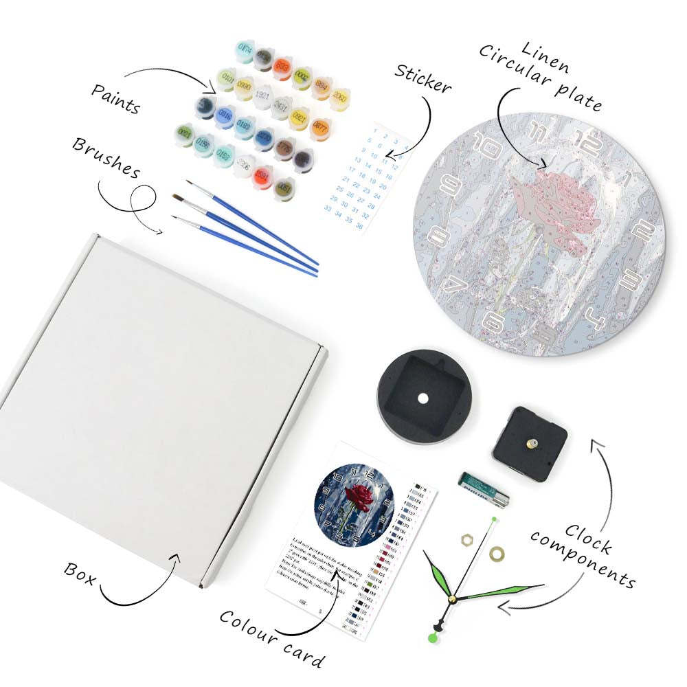 
Artistic supplies including paints, brushes, a box, a color card, a clock component, and a linen circular plate on a white background.