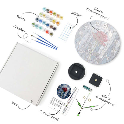 Artistic supplies including paints, brushes, a box, a color card, a clock component, and a linen circular plate on a white background.