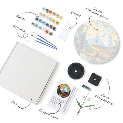 Artistic painting kit with box, paints, brushes, linen circular plate, clock components, and color card on a white background.