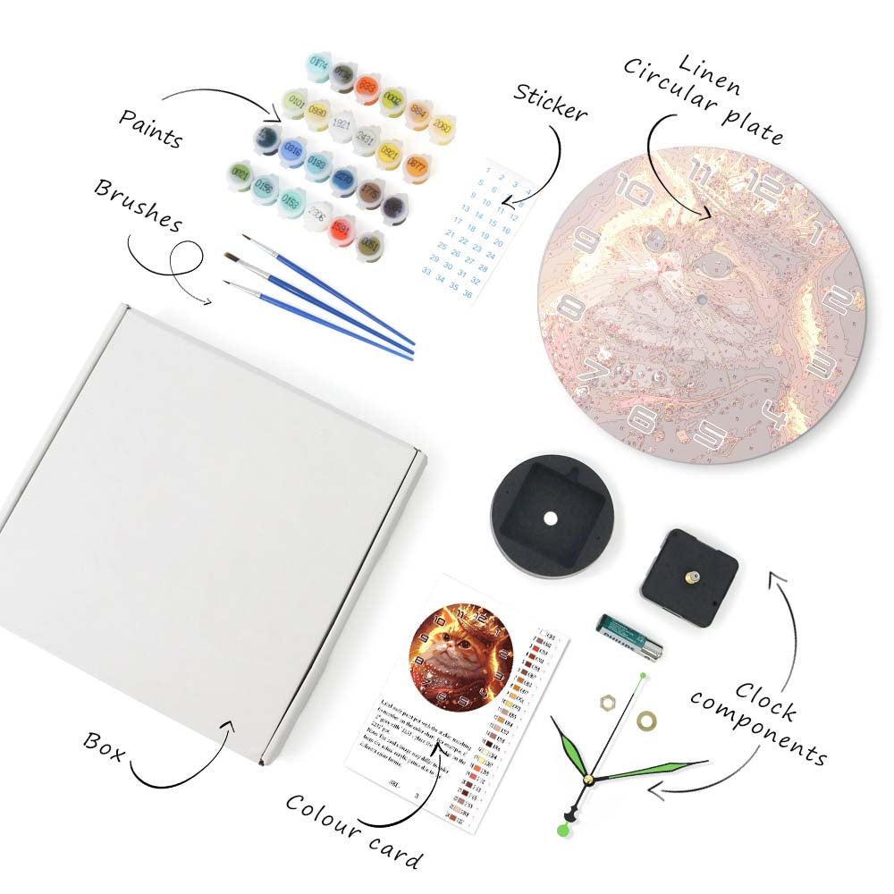 
Artistic supplies including paints, brushes, a box, a color card, a clock, and other components on a white background.