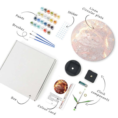 Artistic supplies including paints, brushes, a box, a color card, a clock, and other components on a white background.