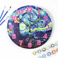 Decorative clock inspired by Van Gogh's 'Starry Night' with colorful numbers and art supplies.