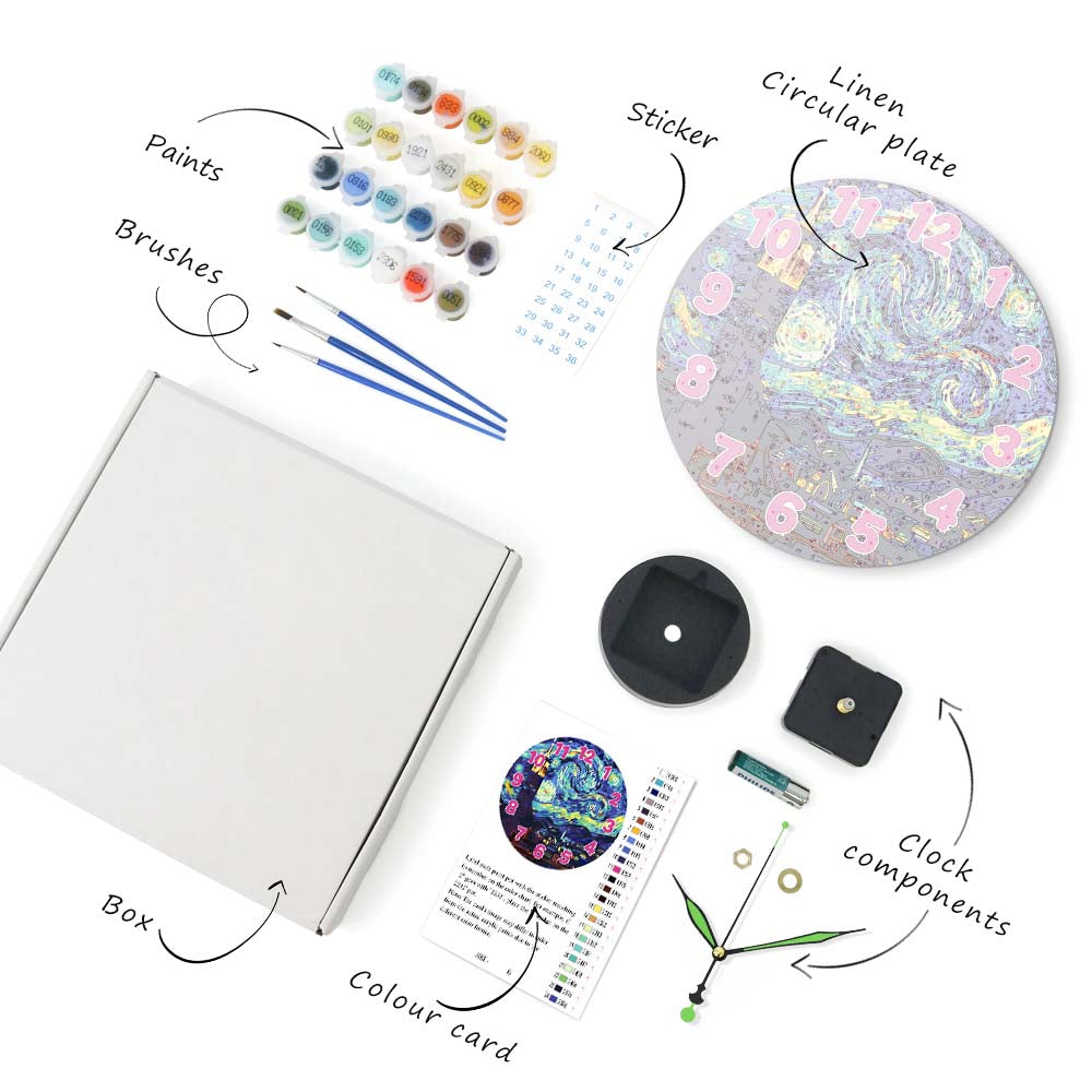 
Artistic supplies including paints, brushes, a box, a color card, a clock component, and a linen circular plate on a white background.