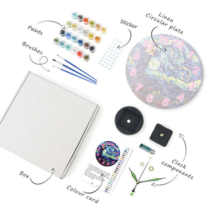 Artistic supplies including paints, brushes, a box, a color card, a clock component, and a linen circular plate on a white background.
