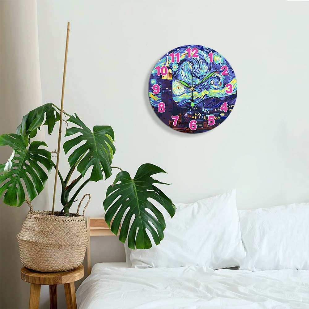 
Colorful wall clock with starry night design in a bedroom setting
