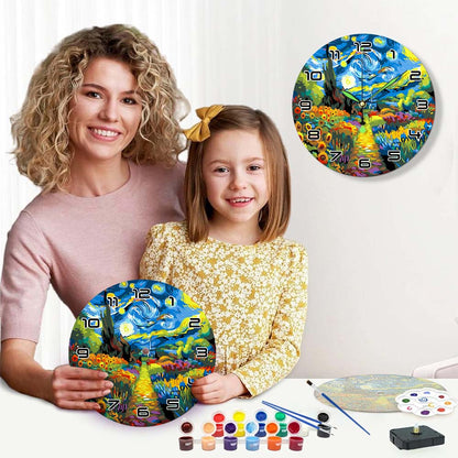 Woman and child with painted wall clocks and art supplies