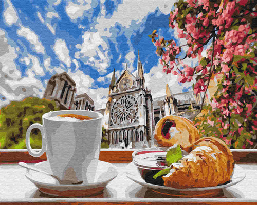 Paint by Numbers DIY - coffee with croissant against the background of the cathedral