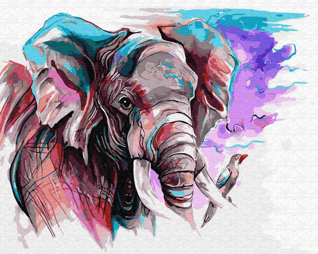 Paint by Numbers DIY - colorful elephant with bird
