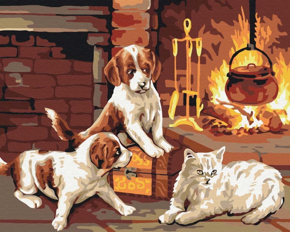 Paint by Numbers DIY - dog and cat on the fire