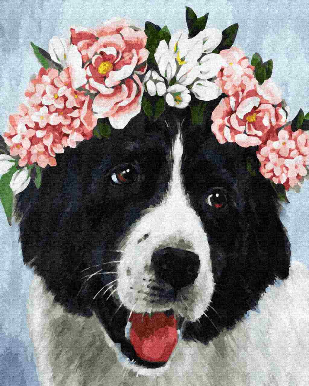 Paint by Numbers DIY - puppy dogs in flowers