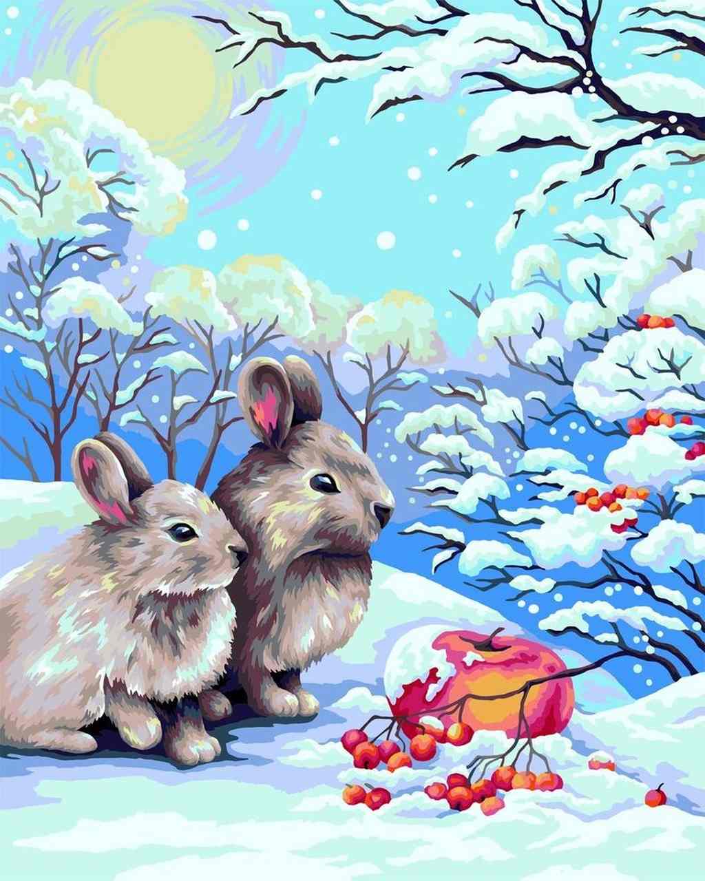 Paint by Numbers DIY - rabbits in the winter forest