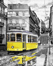 Load image into Gallery viewer, Paint by Numbers DIY - yellow tram on a rainy road
