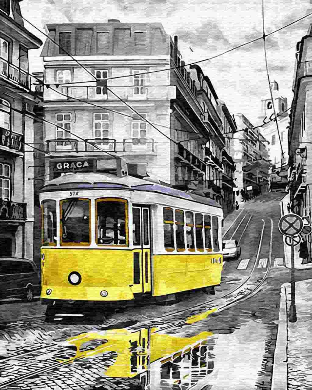 Paint by Numbers DIY - yellow tram on a rainy road