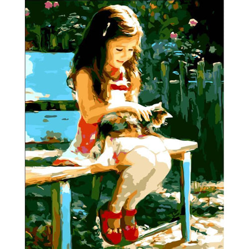 Paint by Numbers - Child on Bench With Cat