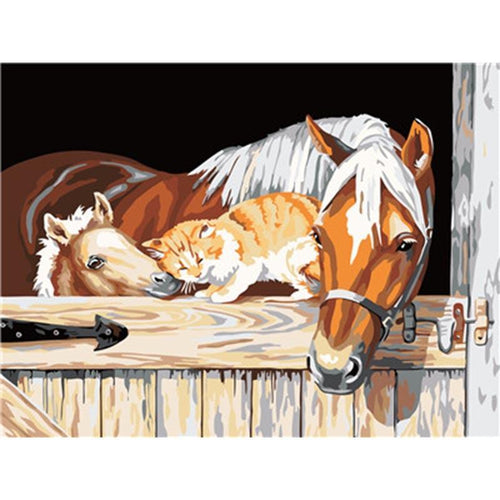 Paint by Numbers - Horse and Cat in the Barn