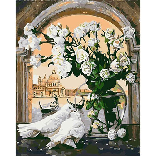 Paint by Numbers - Pigeons With White Roses